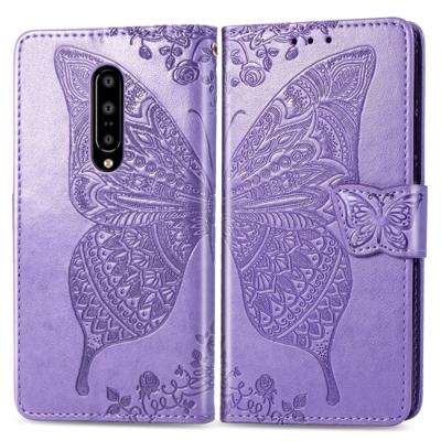 Butterfly Love bloemen reliëf horizontale Flip lederen case voor OnePlus 7 Pro met houder & kaartsleuven & portemonnee & Lanyard (licht paars)