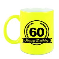 Happy Birthday 60 years cadeau mok / beker neon geel met wimpel 330 ml Happy Birthday 60 years cadeau mok / beker neon geel met wimpel 330 ml