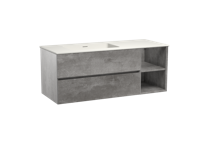 Storke Edge zwevend badmeubel 130 x 52 cm beton donkergrijs met Mata asymmetrisch linkse wastafel in mat witte solid surface