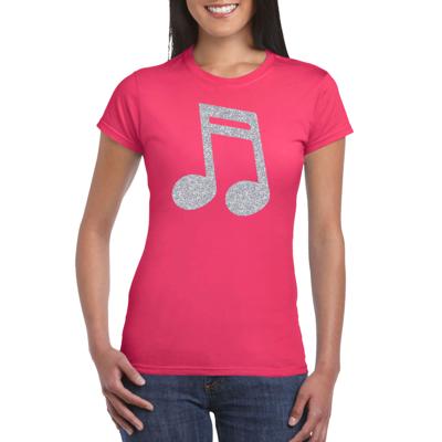 Muziek thema feestkleding t-shirt - met zilveren muzieknoot - roze - voor dames Muziek thema feestkleding t-shirt - met zilveren muzieknoot - roze - voor dames