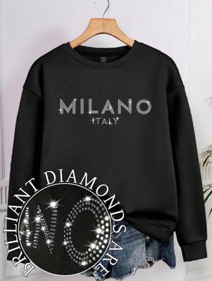 Bon&Bon Milano Rhinestone Sweatshirt | Black Long Sleeve Pullover Black / XL