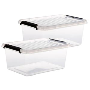 5Five opberg kist met deksel - 2x - Clip Box - 12,5 liter - 39 x 29 x 17 cm - kunststof - transparan