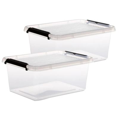 5Five opberg kist met deksel - 2x - Clip Box - 12,5 liter - 39 x 29 x 17 cm - kunststof - transparan