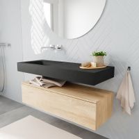Mondiaz Alan badmeubel 120 cm washed oak 1 lade vrijhangend wastafel links zonder kraangat zwart