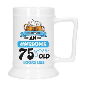 Cadeau Bierpul voor 75 jaar - blauw - grappige leeftijd bierpul - keramiek - 530 ml   -