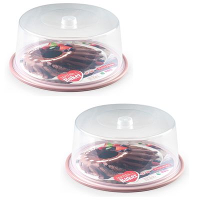 2x stuks ronde taart/gebak bewaardoos transparant 32 x 15 cm met roze bodem