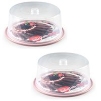 2x stuks ronde taart/gebak bewaardoos transparant 32 x 15 cm met roze bodem - thumbnail