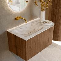 Mondiaz KURVE-DLUX 85 cm Onderkast Greeploos 1 Lade Met Deuren Walnut, Wastafel Solid Surface Links Glace 0 Kraangaten Zonder Spiegel (KRVCLO85R1L1D0KL-Wal/Gla)