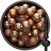37x stuks kunststof kerstballen camel bruin 6 cm incl. glazen piek zwart - Kerstbal - thumbnail