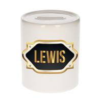 Spaarpot met voornaam Lewis - wit - goud/zwart embleem - 8 x 9 cm - keramiek - afsluitdop