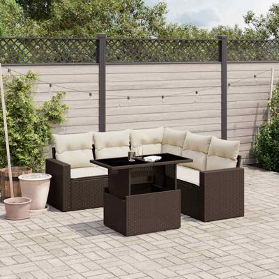 6-delige Loungeset met kussens poly rattan bruin
