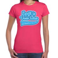 Verkleed T-shirt dames - spijt is voor later - roze/blauw - themafeest fout/goud/stout