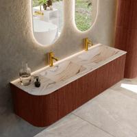 Badmeubel Mondiaz Kurve-Dlux | 155 cm | Meubelkleur Ruby | Wastafelkleur Nata | Solid surface | Dubbel / Rechts spoelbak | 2 kraangaten