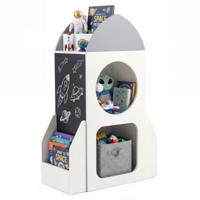 3-Traps Kinderboekenkast Raket-Ruimtevaartthema Opbergorganizer voor Peuterspeelgoed met Krijtbord 2 Vakken en Open Plank