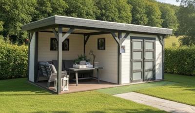 Blokhut Bosuil 300x300 cm + luifel 300 cm - extern gespoten - incl. hardhouten onderbalk, aluminium daktrim, extra wand van 1 meter + paal en vlonder - excl. dakbedekking - Showmodel- Plat dak- - Woodvision