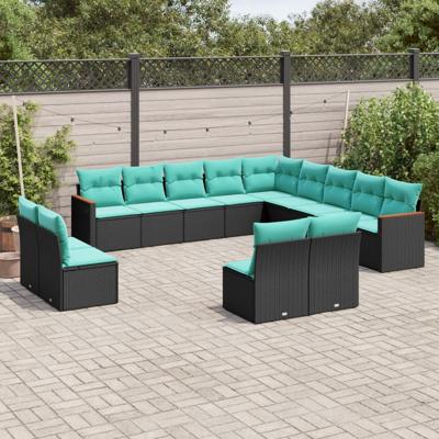 13-delige tuinbankset met kussens van zwart polyrotan