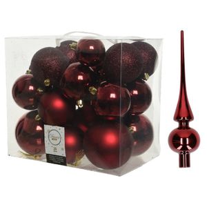 Kerstversiering kunststof kerstballen met piek donkerrood 6-8-10 cm pakket van 27x stuks