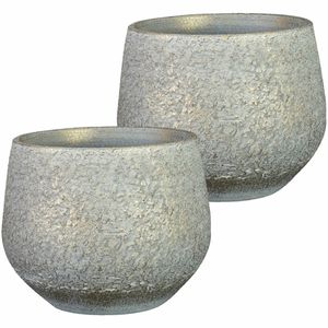 2x stuks plantenpot/bloempot keramiek metallic zilvergrijs/gold finish - D16/H13 cm