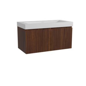 Storke Ribs zwevend badmeubel 105 x 52 cm notenhout met Mata High enkele wastafel in solid surface mat wit, Verticale symmetrische rechte ribbel