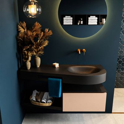 MONDIAZ RIVA 120cm badmeubel onderkast / planchet kleur Rosee met 1 lade. Wastafel DULCET rechts 0 kraangaten kleur Urban.