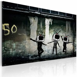 Schilderij - Banksy - TV Heads Dance, 40x60cm  , zwart wit , wanddecoratie , premium print op canvas