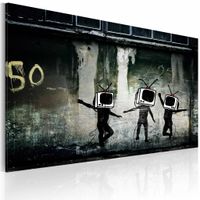 Schilderij - Banksy - TV Heads Dance, 40x60cm  , zwart wit , wanddecoratie , premium print op canvas - thumbnail