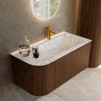 Badmeubel Mondiaz Kurve-Dlux | 95 cm | Meubelkleur Walnut | Wastafelkleur Glace | Solid surface | Rechts spoelbak | 1 kraangat