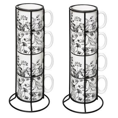 Koffiemokken Flowers - 8x stuks in metalen rekje - Keramiek - glans afwerking - 240 ml - 7 x 8 cm