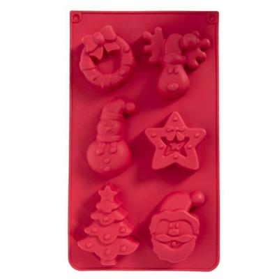 Bakvorm kerst thema - 6 figuren - siliconen - rood - 30 x 18 cm - kerstkoekjes/kerst cakejes