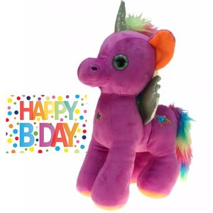 Pluche knuffel eenhoorn paars 35 cm met Happy Birthday wenskaart