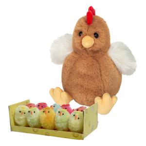 Pluche kip knuffel - 18 cm - multi kleuren - met 10x kuikens 5 cm - kippen familie