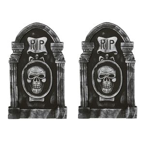 Set van 2x stuks horror kerkhof decoratie grafsteen RIP met schedel 50 x 30 cm