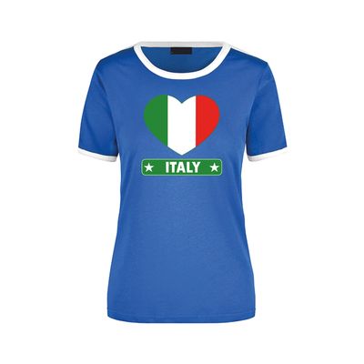 Italy blauw/wit ringer t-shirt Italie vlag in hart voor dames