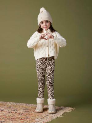 Meisjeslegging met fleecevoering bruin met print