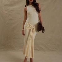 Bon&Bon Rib Knit Knot Detail Sleeveless Midi Bodycon Dress - Yellow Yellow / M