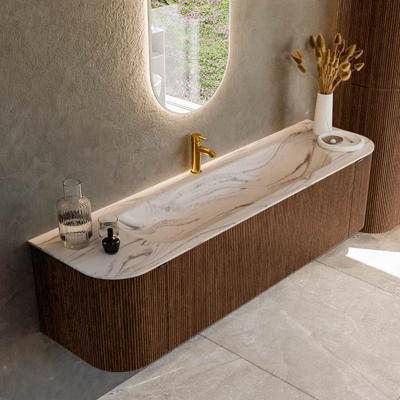 Badmeubel Mondiaz Kurve-Dlux | 170 cm | Meubelkleur Walnut | Wastafelkleur Nata | Solid surface | Wasbak midden spoelbak | 1 kraangat