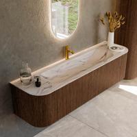 Badmeubel Mondiaz Kurve-Dlux | 170 cm | Meubelkleur Walnut | Wastafelkleur Nata | Solid surface | Wasbak midden spoelbak | 1 kraangat