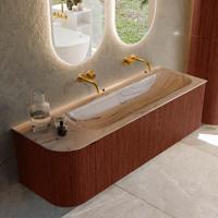 Badmeubel Mondiaz Kurve-Dlux | 145 cm | Meubelkleur Ruby | Wastafelkleur Arena | Solid surface | Wasbak rechter zijde spoelbak | Zonder kraangat(en)