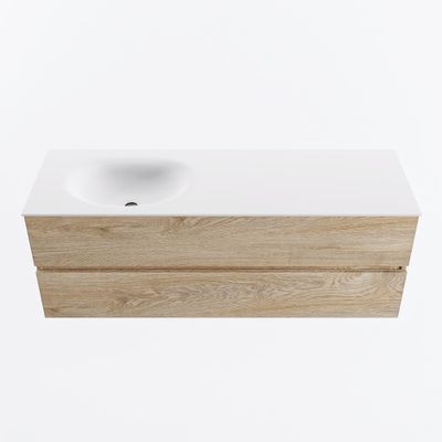 MONDIAZ VICA 140cm badmeubel onderkast Washed Oak 2 lades. Wastafel MOON links zonder kraangat, kleur Talc.