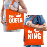 The king en the queen tas / shopper oranje katoen met witte tekst en kroon voor volwassenen - Feest Boodschappentassen - thumbnail