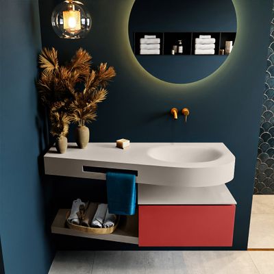 MONDIAZ RIVA 120cm badmeubel onderkast / planchet kleur Fire met 1 lade. Wastafel DULCET rechts 0 kraangaten kleur Linen. MONDIAZ RIVA 120cm badmeubel onderkast / planchet kleur Fire met 1 lade. Wastafel DULCET rechts 0 kraangaten kleur Linen.