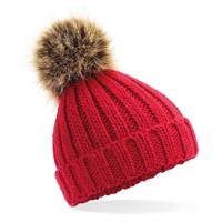 Beechfield Wintermuts - gebreid - rood - met nep bont pompon - volwassenen - muts - thumbnail