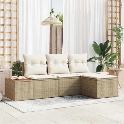 4-delige tuinset met kussens - Beige Poly Rattan en Acacia