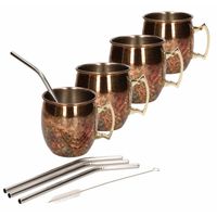 4x Cocktailbeker/cocktailglas Moscow Mule set met rietjes 450 ml antiek koper