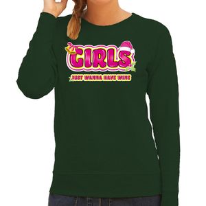 Foute kersttrui/sweater voor dames - girls just wanna have wine - groen/roze - wijn