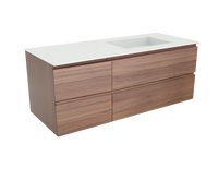 Balmani Lucida zwevend badmeubel 135 x 55,5  cm notenhout met Tablo Stretto asymmetrisch rechtse wastafel in mat witte solid surface