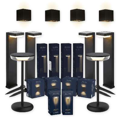 Pakketdeal ZOLUNA 4x priklamp Bram + 4x wandlamp Marga vierkant + 2x tafellamp Bobbie zwart Pakketdeal ZOLUNA 4x priklamp Bram + 4x wandlamp Marga vierkant + 2x tafellamp Bobbie zwart