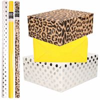 9x Rollen kraft inpakpapier/folie pakket - panterprint/geel/wit met zilveren stippen 200 x 70 cm - Cadeaupapier - thumbnail