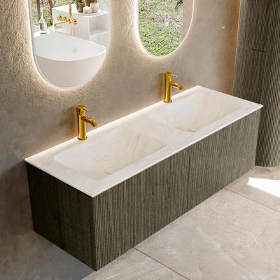 Badmeubel Mondiaz Kurve-Dlux | 130 cm cm | Meubelkleur Shadow | Wastafelkleur Opalo | Solid surface | Wasbak beiden zijden spoelbak | 2 kraangaten