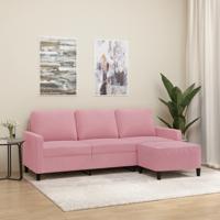 Driezitsbank met voetenbank 180 cm fluweel roze